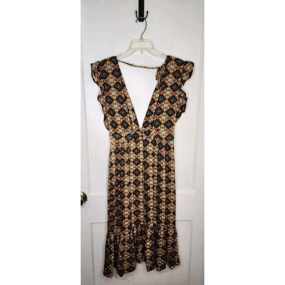 NWT Size Medium Olivaceous Dress Mustard / Navy Blue Floral Midi Flutter - Picture 2 of 6